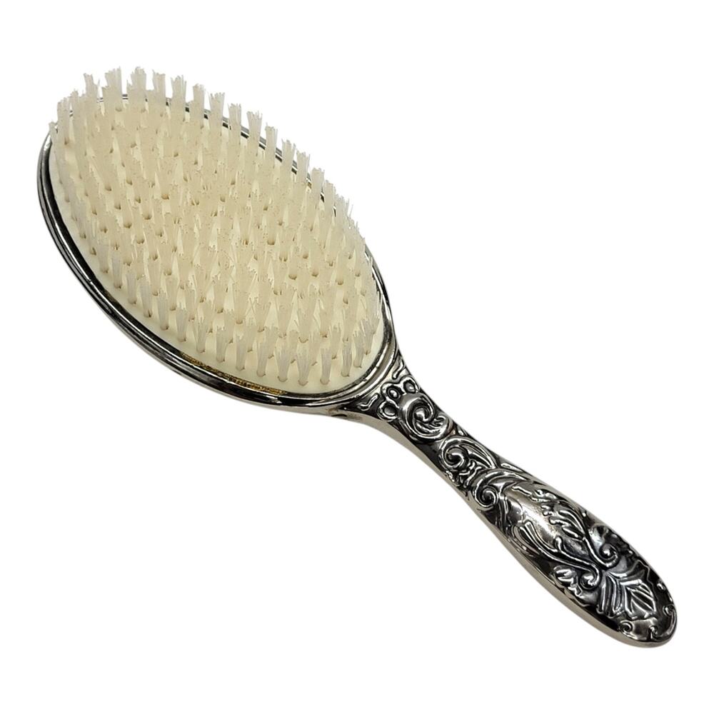 Vintage Silver Plated Ornate Vanity Hair Brush Floral Repousse Monogram Decor